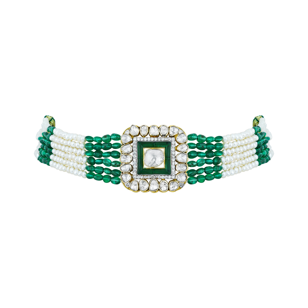 Polki Choker with Green Talaf, Emerald and Pearl Strands